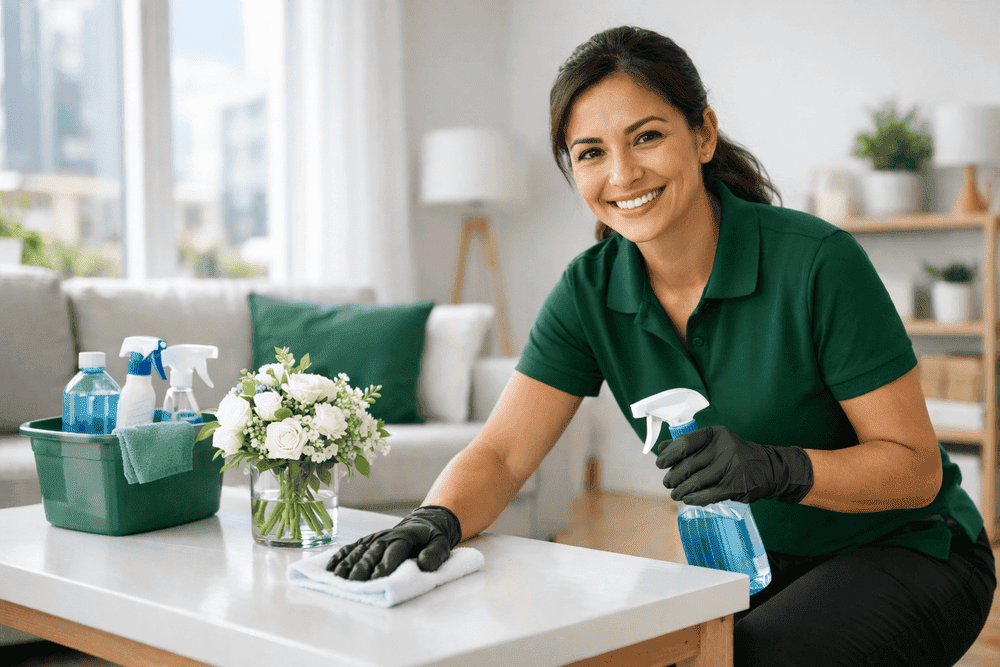 Professionelle Reinigungskraft von RAM Reinigungservice bei der Arbeit in einem modernen Wohnzimmer